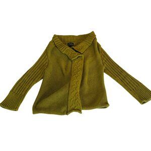 Pure Olive Green Knit Cardigan Sweater S/m Handknit Ribbed Sleeves Cable Knit